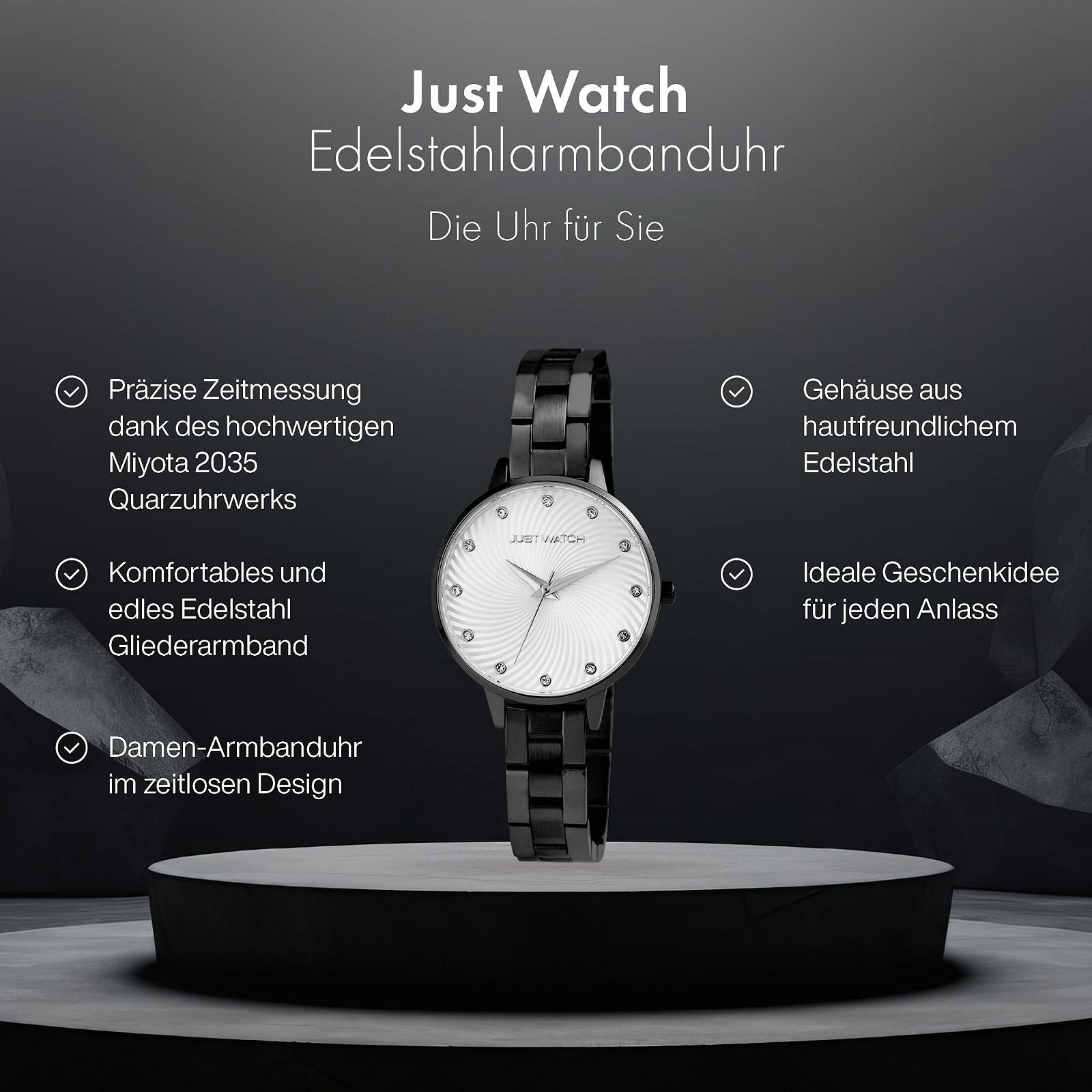 Женские часы Just Watch, нержавеющая сталь, браслет-звенья, 22 см, диаметр 34 мм, 12 мм, черный, серебристый, браслет, фото №2