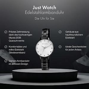 Женские часы Just Watch, нержавеющая сталь, браслет-звенья, 22 см, диаметр 34 мм, 12 мм, черный, серебристый, браслет synthetic.ua - Фото 1