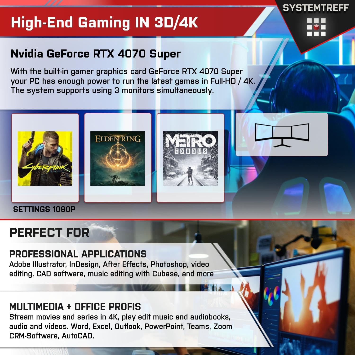 Комп'ютер SYSTEMTREFF High-End Gaming PC AMD Ryzen 9 5900X Nvidia GeForce RTX 4070 Super 12GB 1TB 32GB WLAN для Геймерів, фото №5