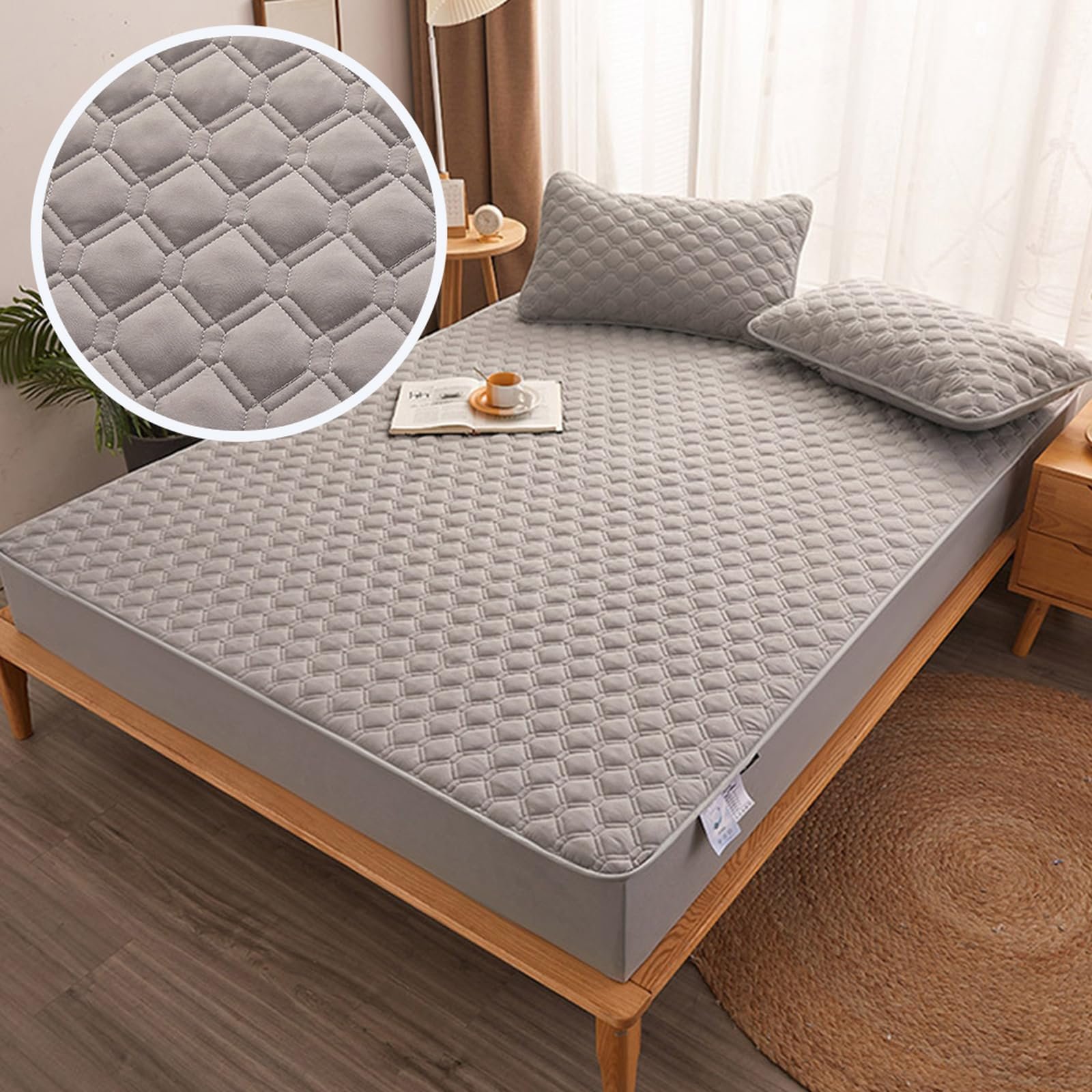 Наматрасник HAIBA 200 x 200 см Светло-серый стеганый натяжной лист до 30 см высоты матраса из микрофибры, фото №2