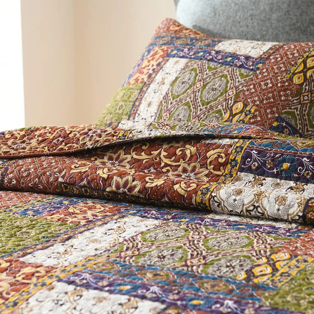 Покрывало VISIMISI Хлопковое покрывало на кровать 240 x 260 см, стеганое одеяло с 2 наволочками, Цветы Богемный стиль для двуспальной кровати (Коричневый Богемный, 250 x 270 см), фото №4