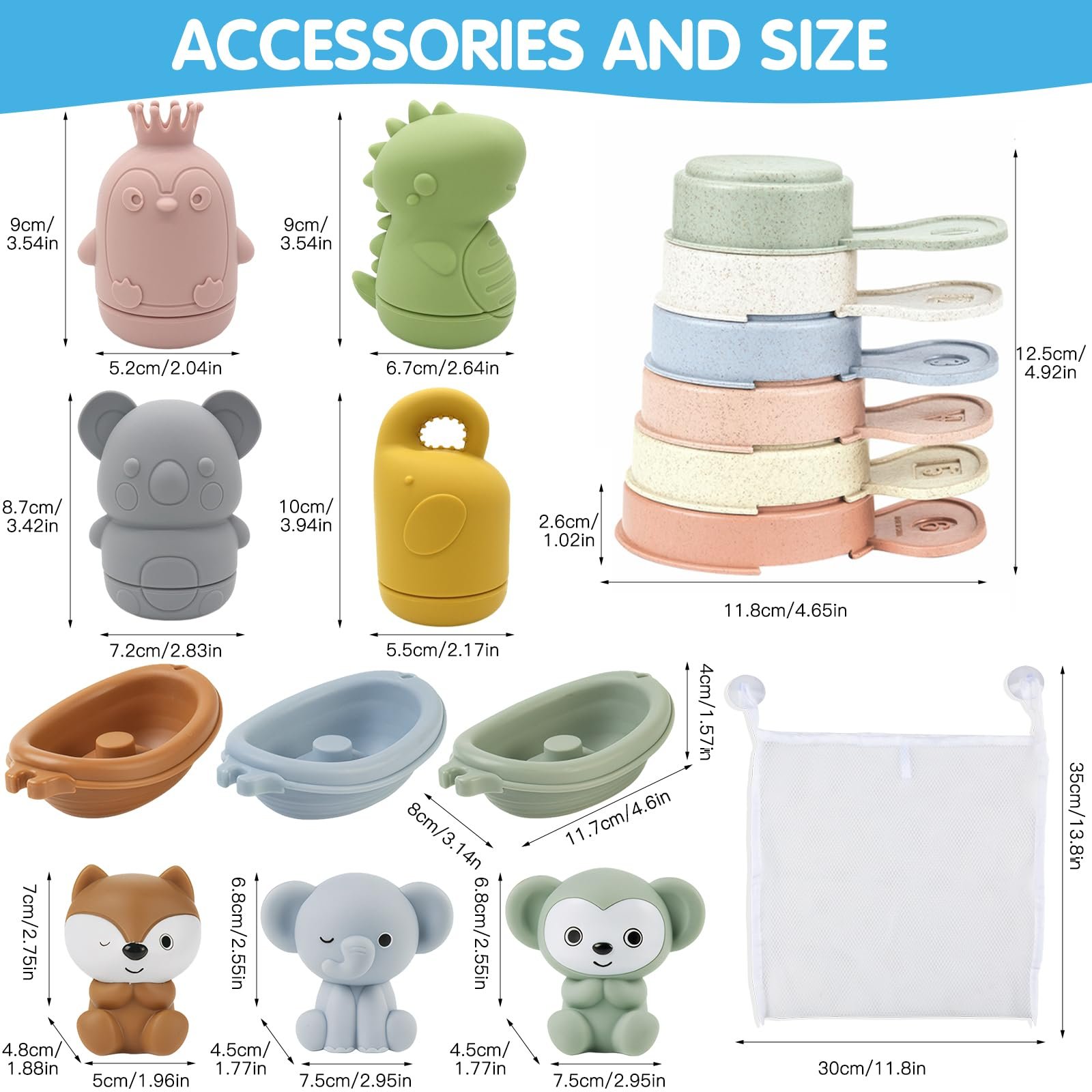 Набір іграшок для ванни з 16 предметів: Тварини, Ляльки на пальці, Човники, Ложки для ванни, фото №2