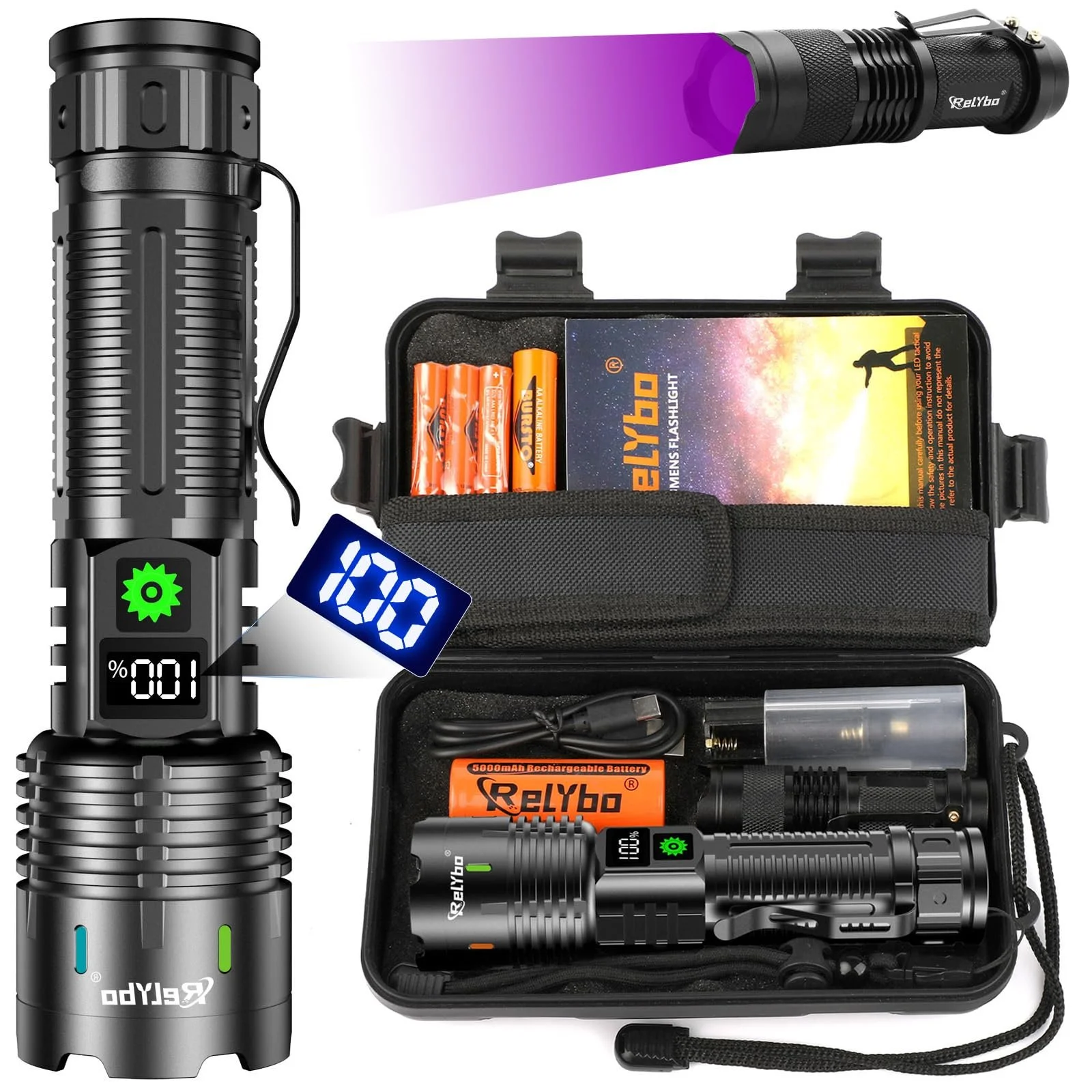 LED фонарь аккумуляторный чрезвычайно яркий 1000000 люмен тактический USB с кобурой 5 режимов для чрезвычайных ситуаций на открытом воздухе кемпинга, фото №1