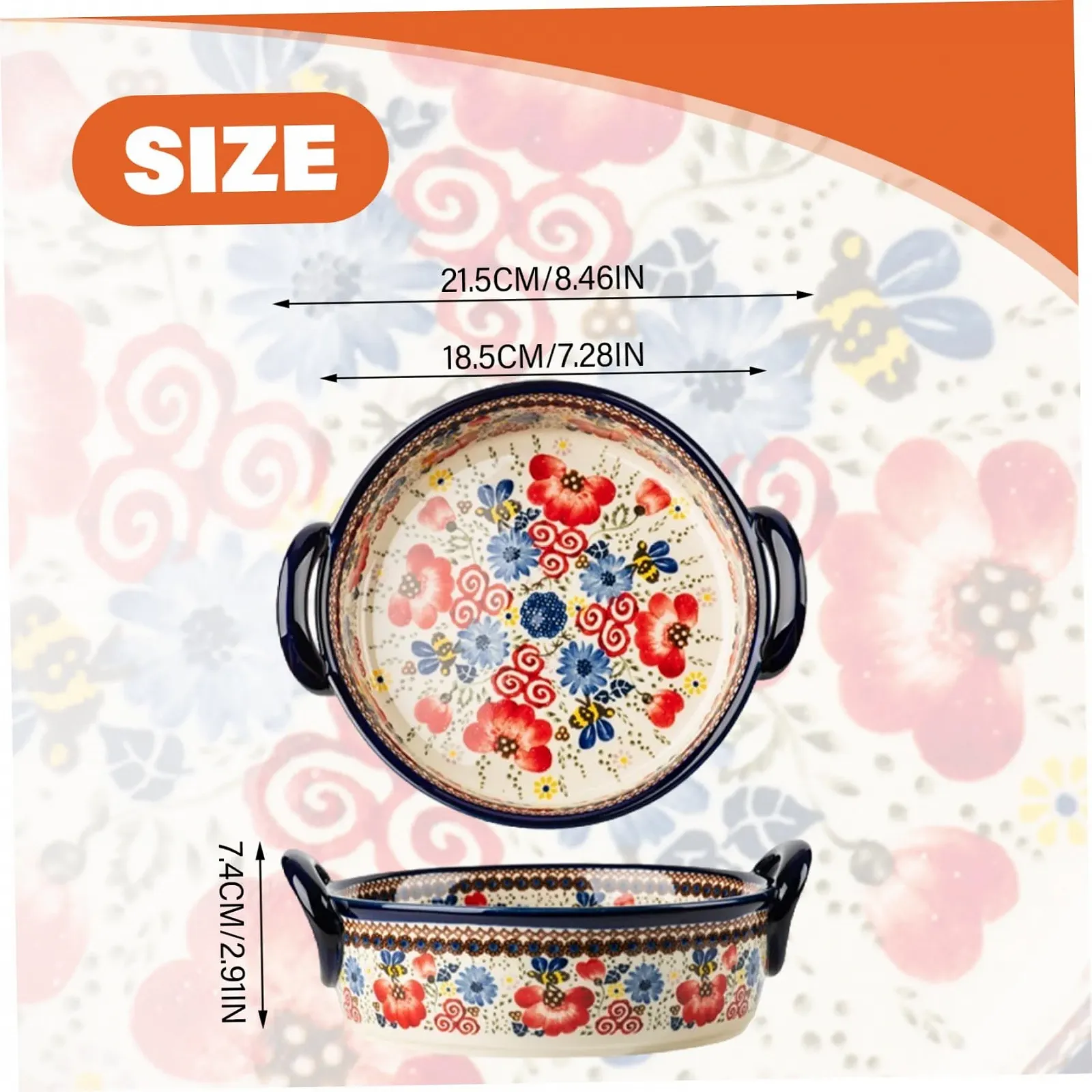 Форма для запекания 950 мл круглая керамическая термостойкая с ручками цветочный принт, фото №5