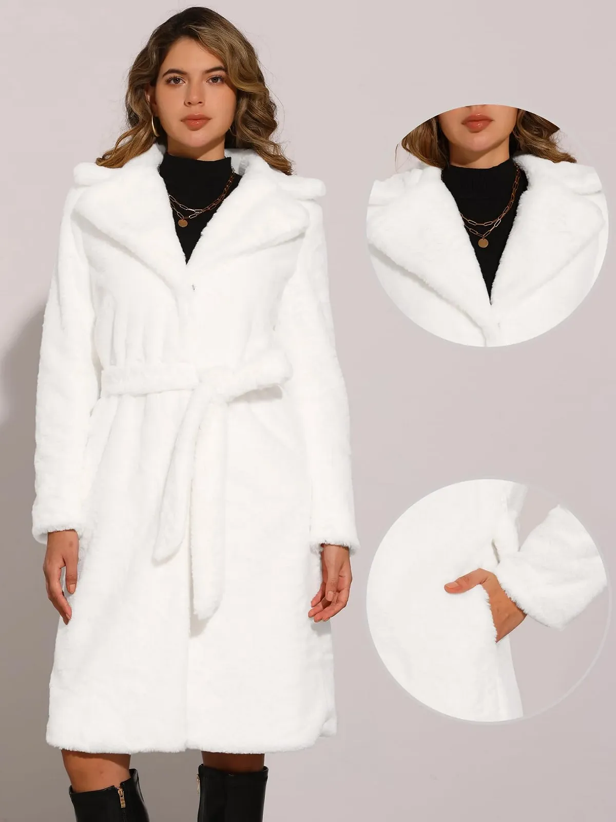 Пальто Allegra K Зимнее Длинное Теплое с Лацканами и Поясом Открытое Пушистое из Искусственного Меха, фото №2 Пальто Allegra K Зимнее Длинное Теплое с Лацканами и Поясом Открытое Пушистое из Искусственного Меха, фото №2