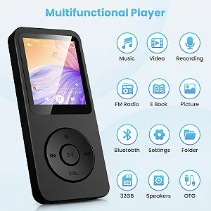 MP3 плеєр Bluetooth 5.3 32 ГБ 1.8-дюймовий TFT кольоровий екран HiFi музика FM-радіо E-Book Запис Підтримка до 128 ГБ Чорний synthetic.ua - Фото 1