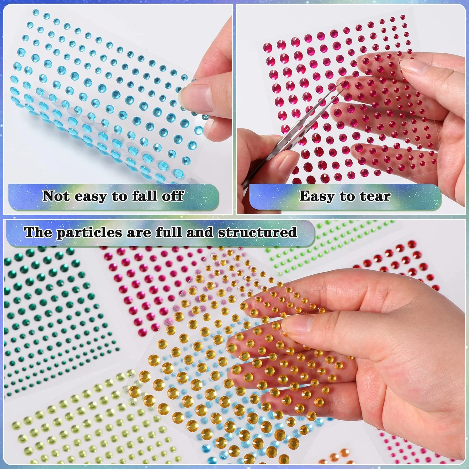 Стразы Блестящие для Лица, 14 Листов Самоклеящихся Блестящих Страз для Лица, Стразы для Наклеивания, Стразы для Макияжа Лица, Маникюра и Аксессуаров для Фестивалей, Многоцветные, 2310 шт, фото №3