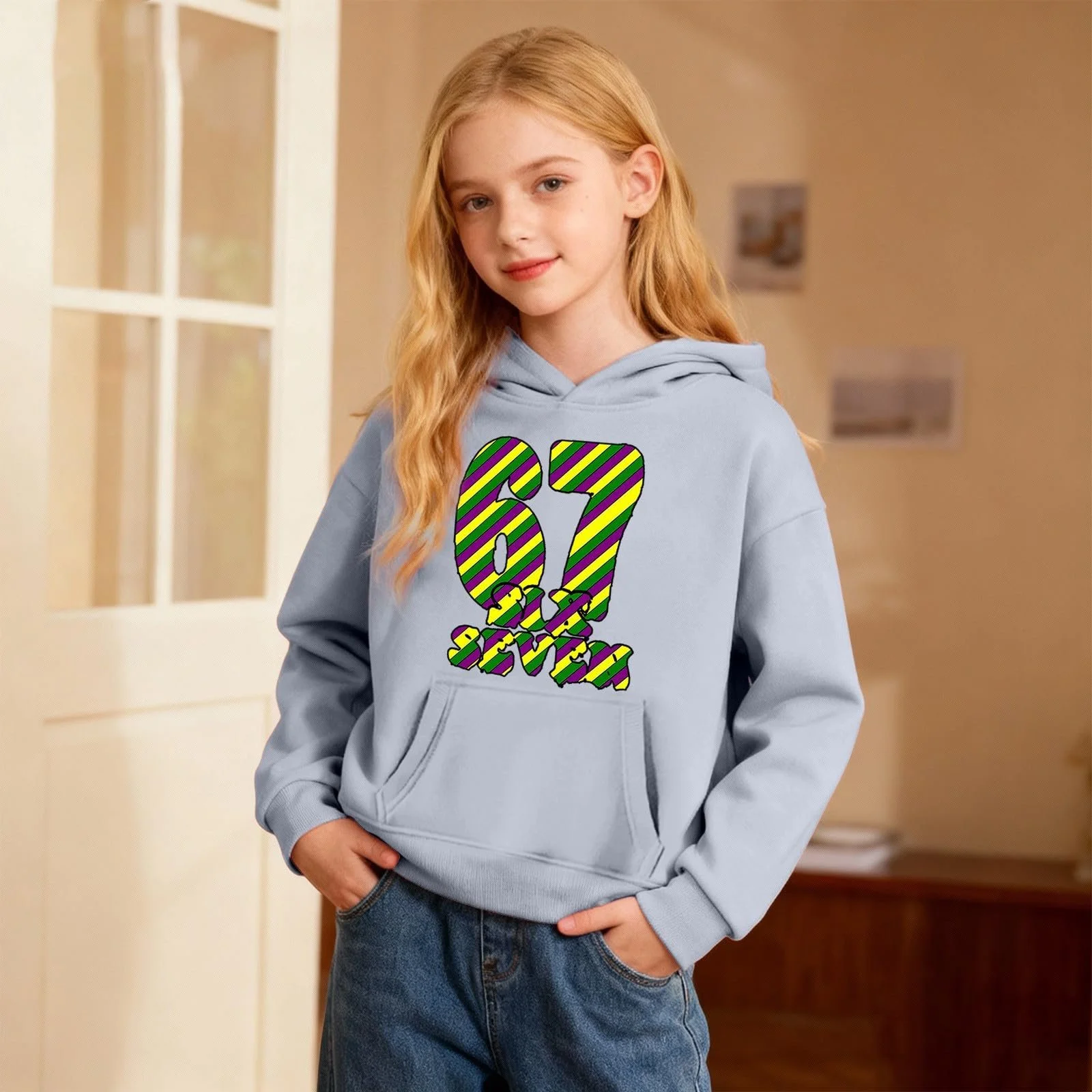 Пуловер 67 Kinder Толстовка с капюшоном и карнавальным узором, мягкий флисовый пуловер с карманами, фото №3