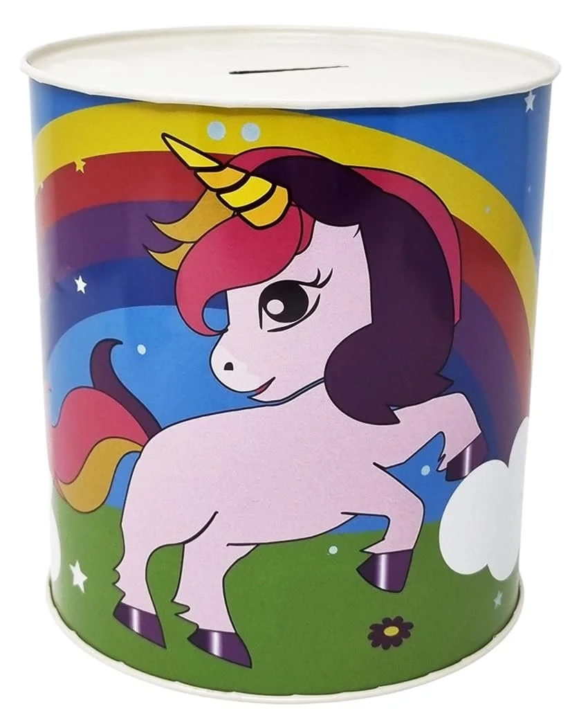 Копилка Unicorn Pink с радугой металлическая жестяная 15x13 см, фото №1