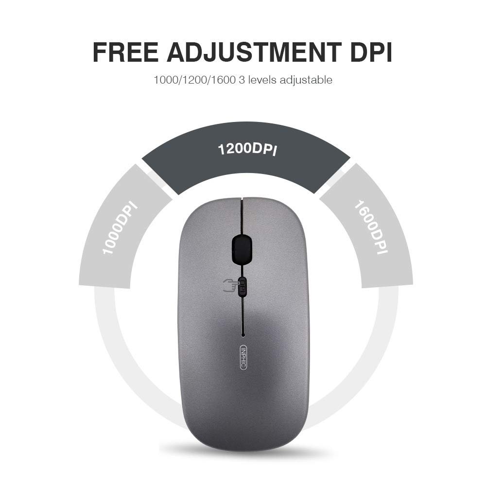 Мышь Inphic Беспроводная Перезаряжаемая Ультратонкая 2.4G Тихая Оптическая Компьютерная 1600 DPI с USB-ресивером Серая, фото №5