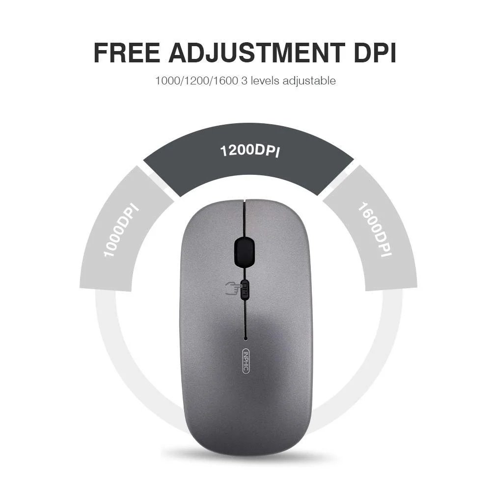 Мышь Inphic Беспроводная Перезаряжаемая Ультратонкая 2.4G Тихая Оптическая Компьютерная 1600 DPI с USB-ресивером Серая, фото №5