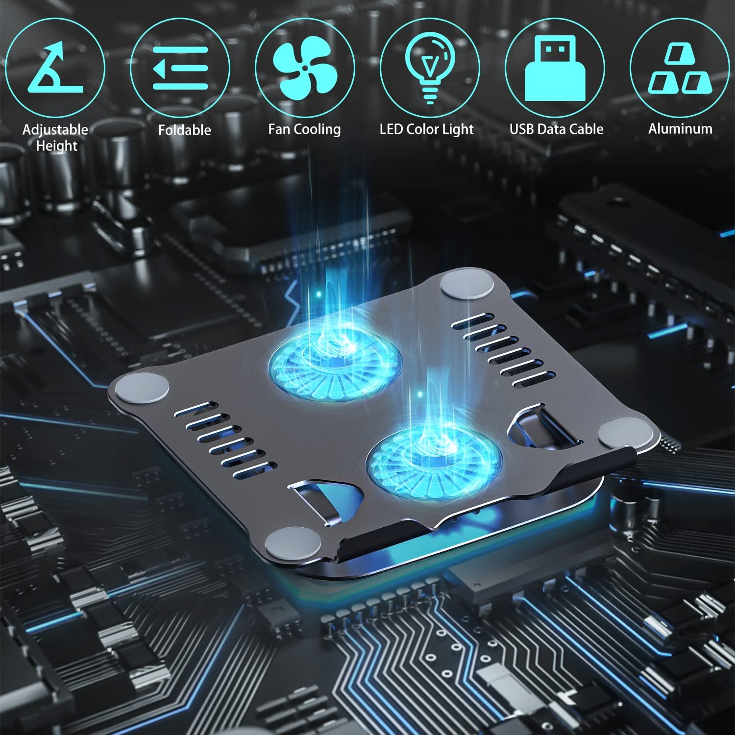 Підставка для ноутбука з регулюванням висоти з RGB вентилятором, складана з алюмінієвого сплаву, вентильований, фото №3