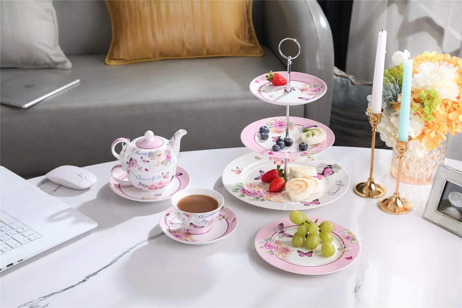 Чайник-заварник London Boutique Vintage Rose Lavender, чашка та блюдце, фото №3