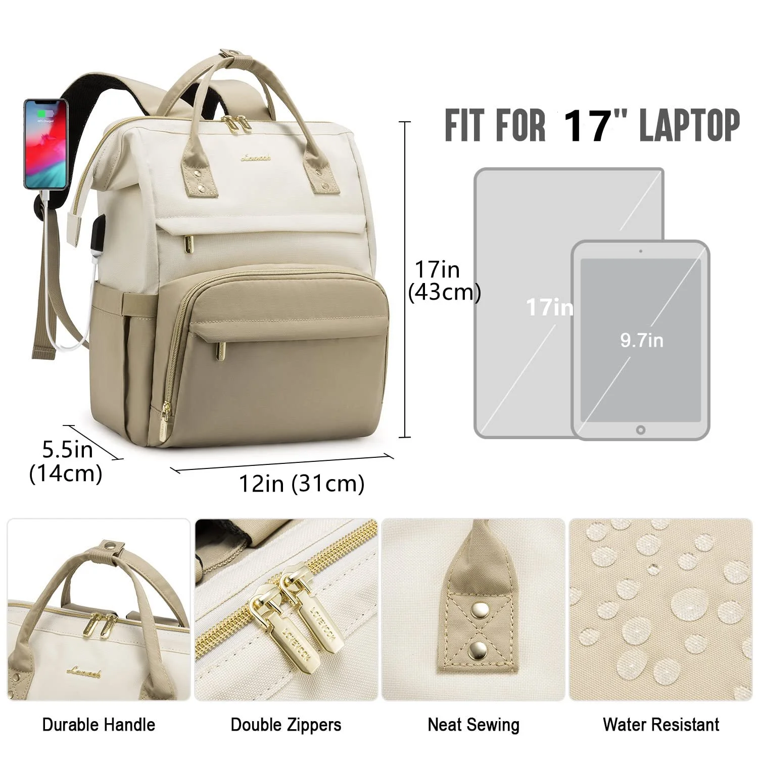 Рюкзак для ноутбука LOVEVOOK 17" 40 x 30 x 20 см Beige Khaki, фото №6 Рюкзак для ноутбука LOVEVOOK 17" 40 x 30 x 20 см Beige Khaki, фото №6