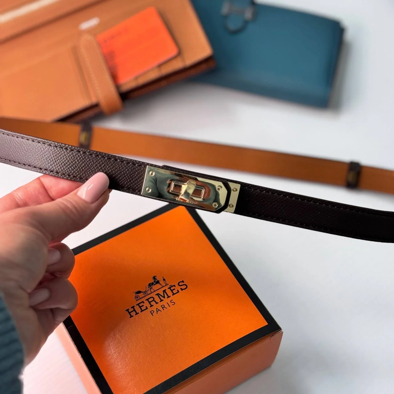 Ремінь жіночий темно коричневий шкіряний Hermes, фото №10