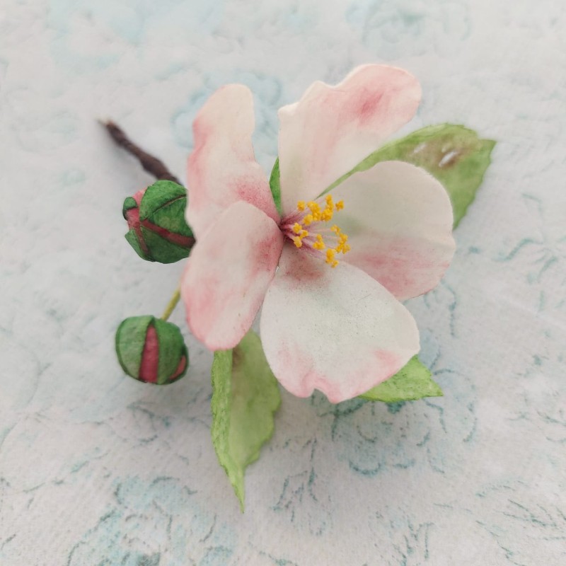 Вафельные цветы SiNegur Декор для торта Цветок яблони из вафельной бумаги. Ветка: 2 бутона, 3 листика, цветок, фото №2