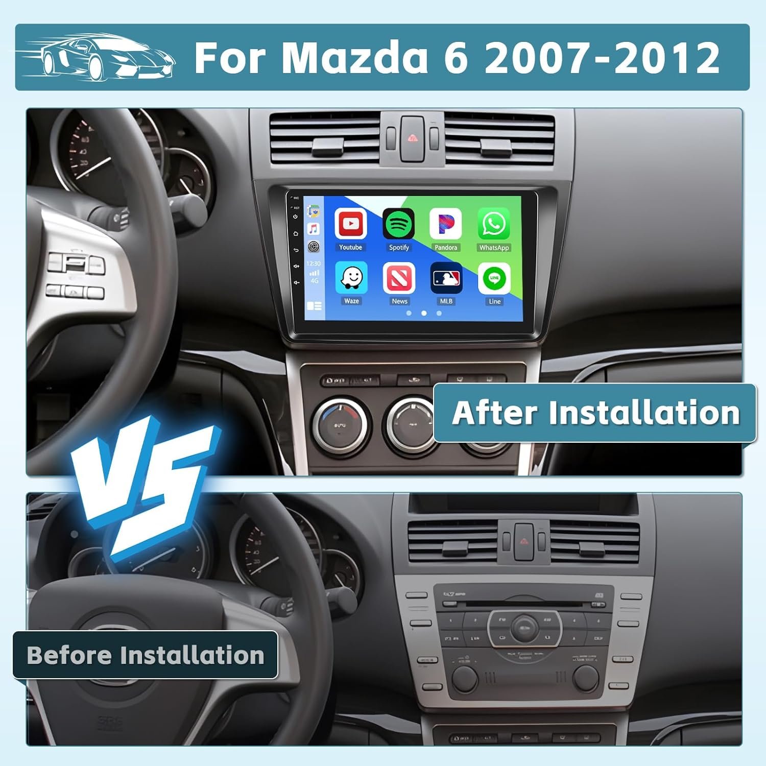 Штатная автомагнитола Hikity для Mazda 6 2007-2012 / 9" / Сенсорная / 6/128Гб / Android 13 / Apple CarPlay / Android Auto / Bluetooth / WI-FI / GPS / USB, фото №2