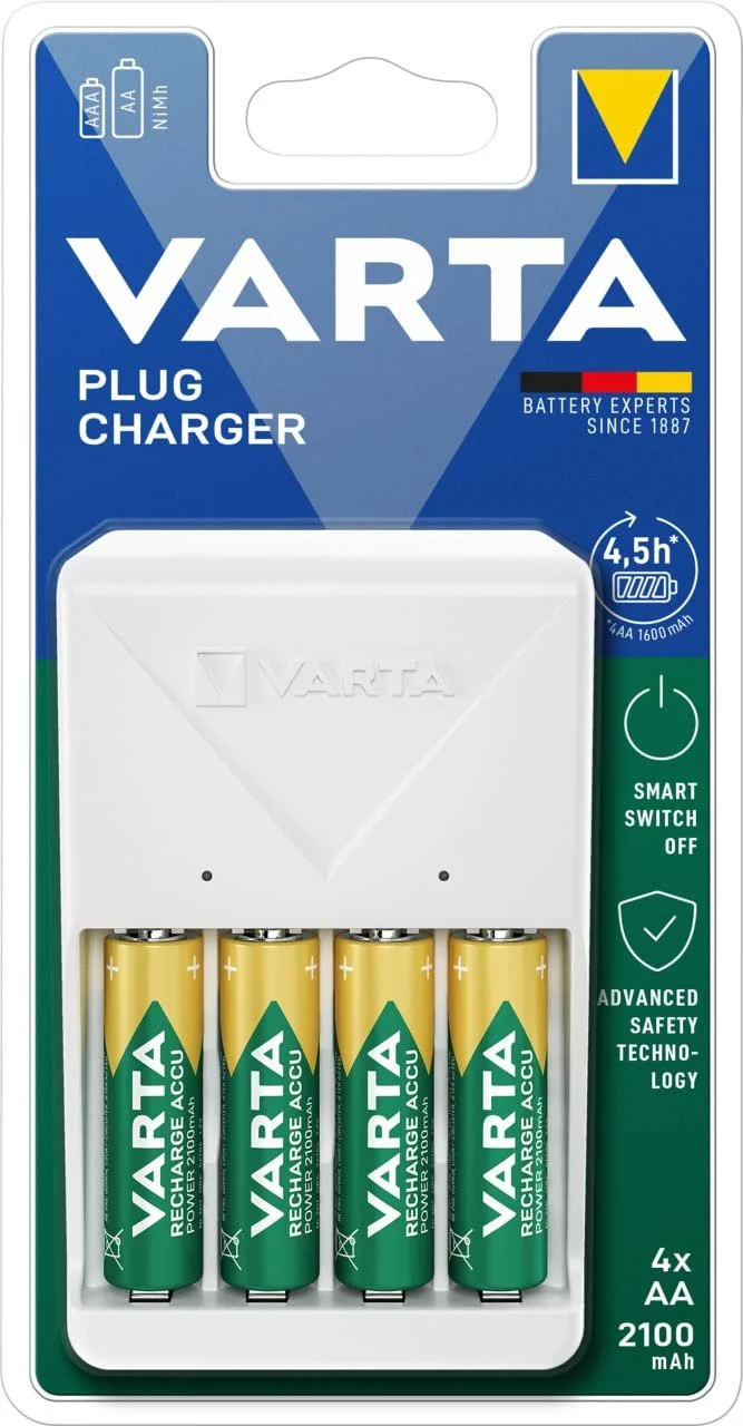 Зарядний пристрій VARTA для акумуляторів, в комплекті 4 x AA 2100 mAh, заряджає 2 або 4 AA/AAA одночасно, штекерний зарядний пристрій, білий, фото №2