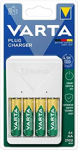 Зарядний пристрій VARTA для акумуляторів, в комплекті 4 x AA 2100 mAh, заряджає 2 або 4 AA/AAA одночасно, штекерний зарядний пристрій, білий synthetic.ua - Фото 1