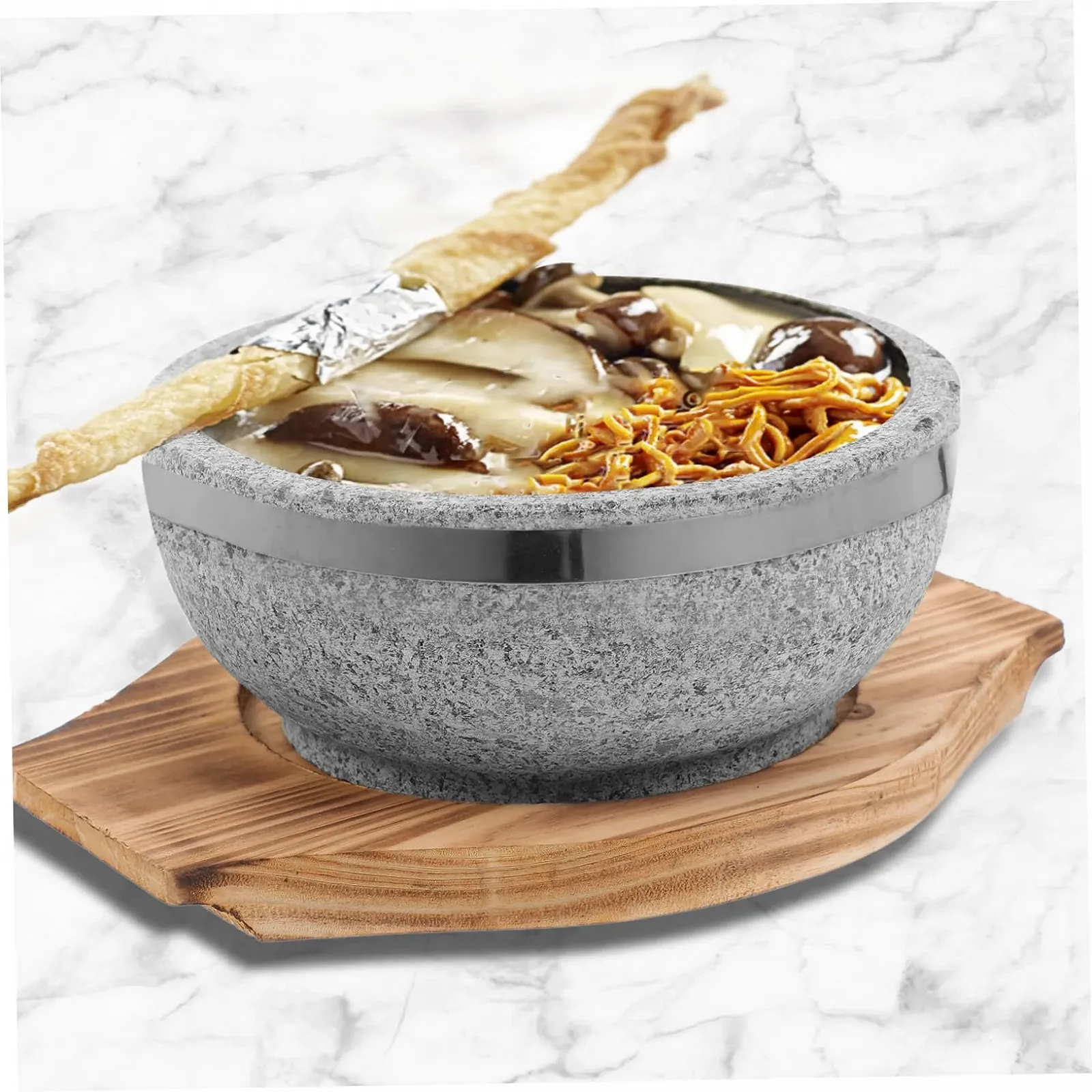 Горшок каменный с деревянной подставкой для бибимбапа большой жаропрочный, фото №5