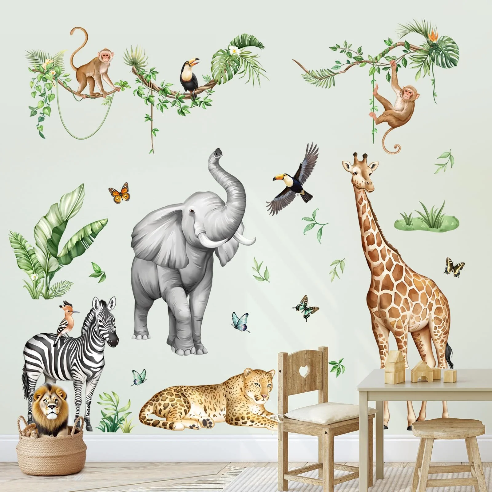 Наклейка на стіну Supzone Jungle Safari Animals Tree XXL Giraffe Elephant 140 x 120 см, фото №3