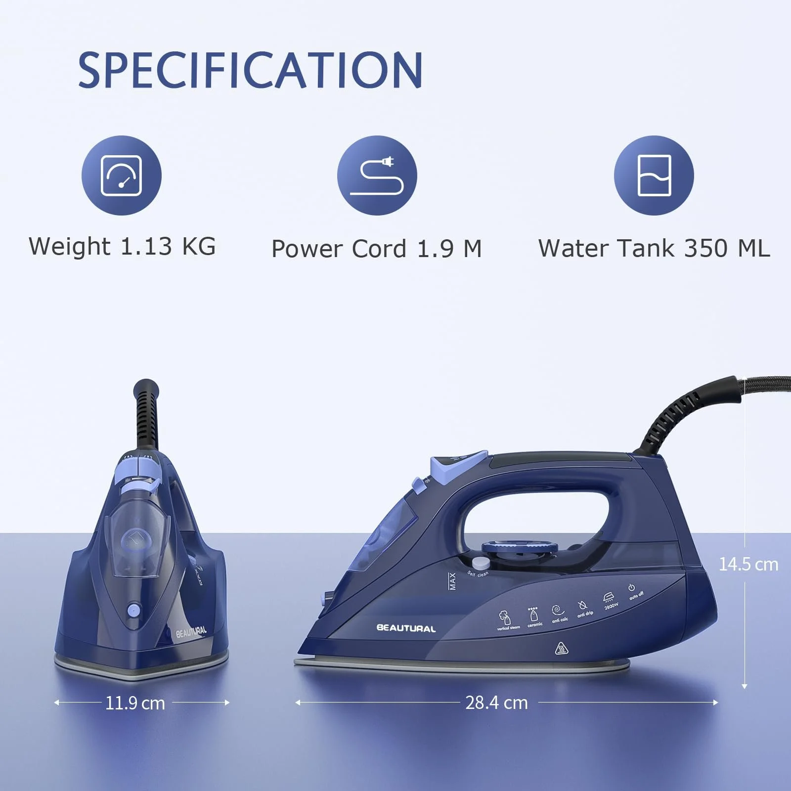 Паровой утюг BEAUTURAL 2600 W Ceramic Soleplate 350 ml Blue, фото №4