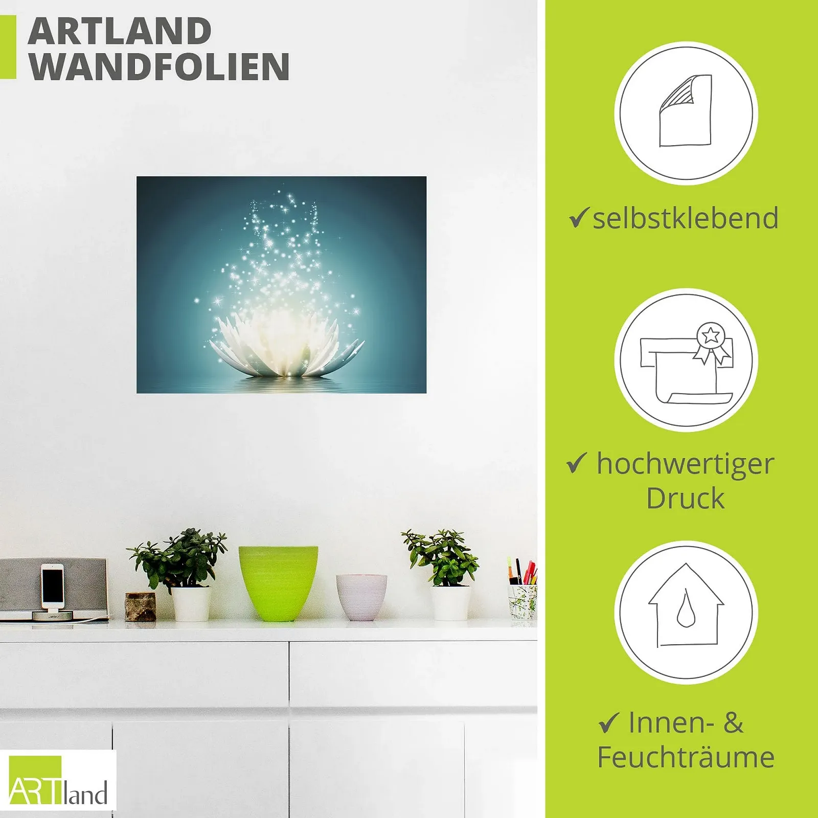 Наклейка на стіну ARTland T9NM Квіти лотоса Вінілова самоклеюча 80 x 60 см Бірюзова, фото №3