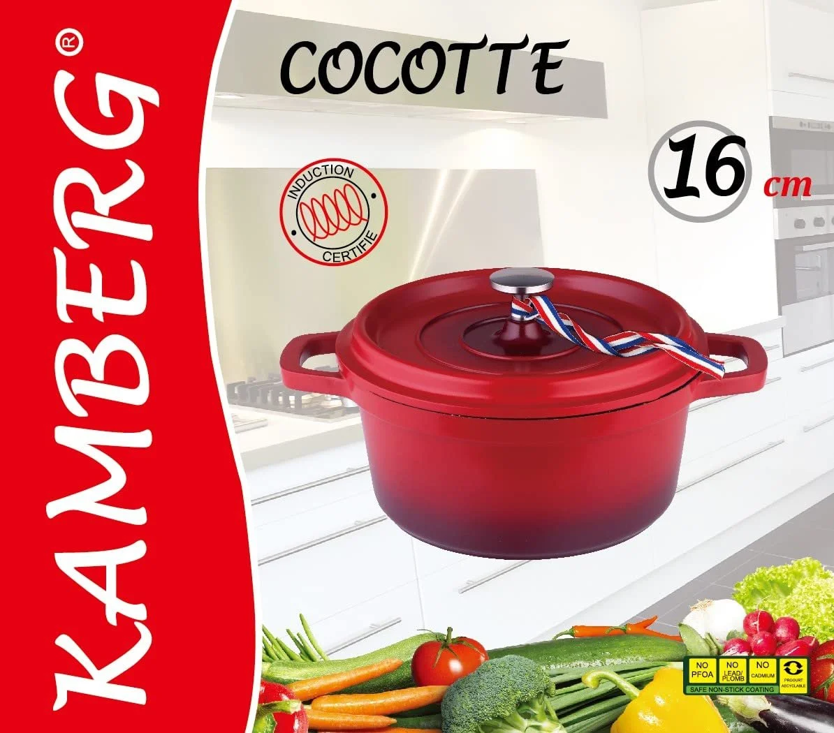 Кастрюля-жаровня Kamberg 0008186 Круглая 16 см Литой алюминий Покрытие с эффектом камня Красный пламенный, фото №8