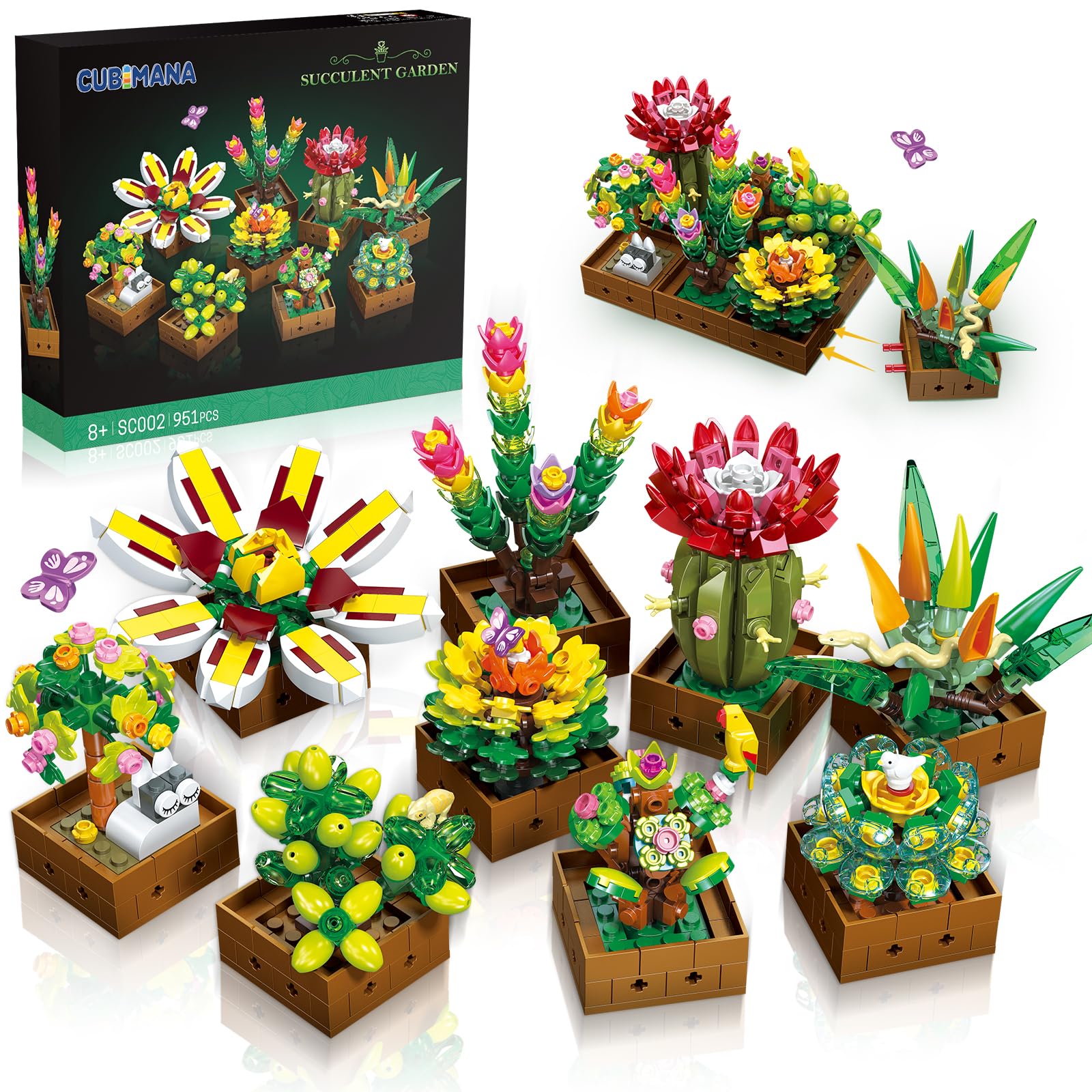 Конструктор CUBIMANA 9 Flowers Succulent Botanical Collection 951 деталей, фото №1