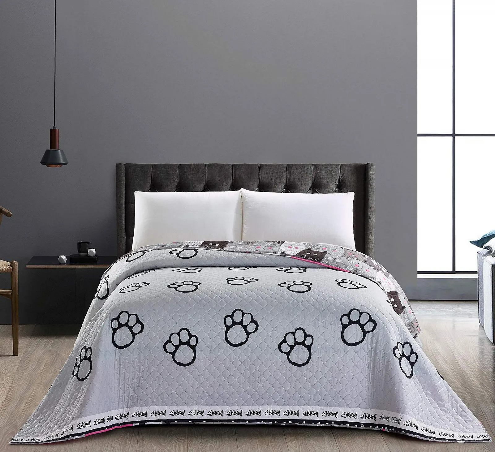 Покрывало DecoKing Двустороннее, простое в уходе, стеганое из микрофибры Cерый стальной / Антрацит / Графит / Черный / Белый / Розовый - Cats’ Invasion, фото №3