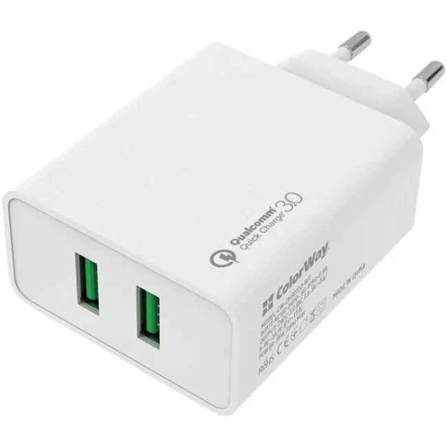 Зарядное устройство ColorWay 2USB Quick Charge 3.0 36W white (CW-CHS017Q-WT), фото №1 Зарядное устройство ColorWay 2USB Quick Charge 3.0 36W white (CW-CHS017Q-WT), фото №1