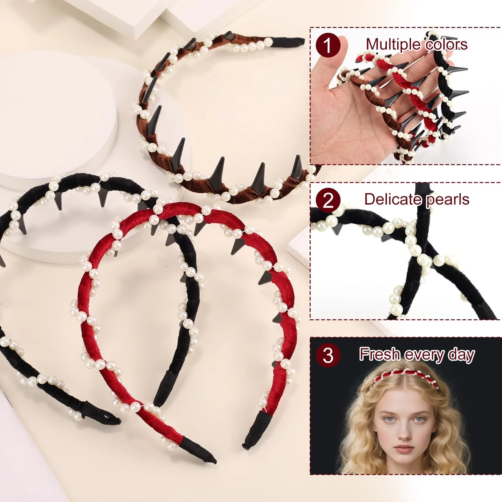 Набір вінтажних перлинних обручів для волосся (3 штуки), фото №3