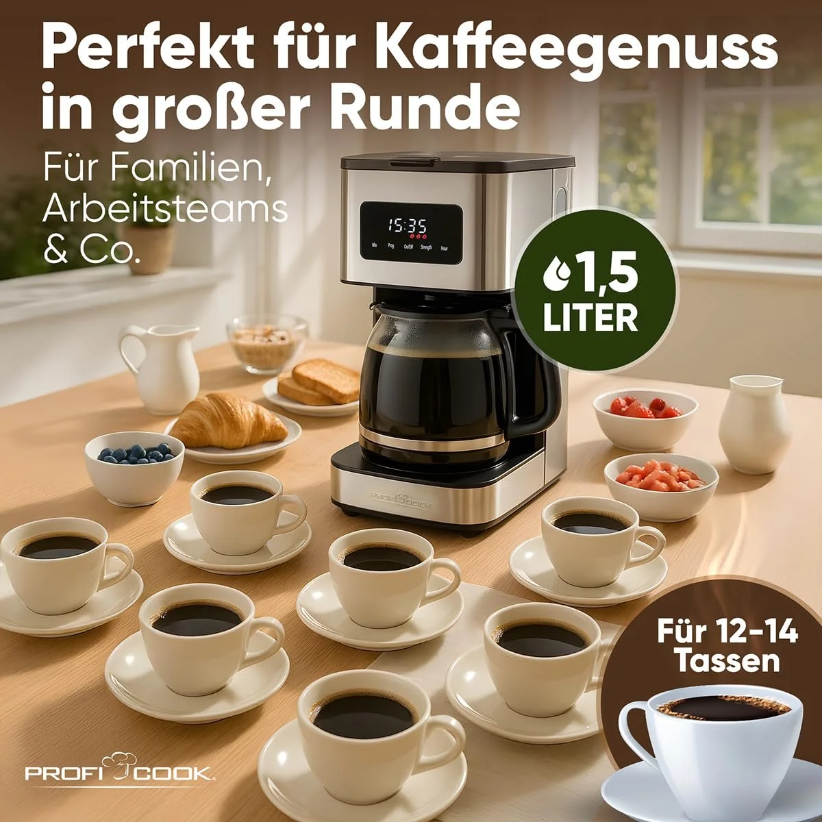 Кофеварка капельная ProfiCook PC KA 1299 14 чашек 900 W нержавеющая сталь, фото №2