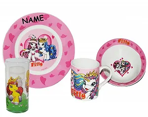 Набір посуду Filly Horse з 4 предметів: порцелянова чашка, тарілка, миска для пластівців, склянка - Фото 1