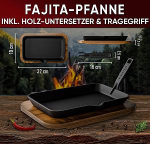 Пательня-гриль Gusskönig чавунна для фахітас з соусницею і дерев'яною дошкою для подачі з акації зі знімною ручкою synthetic.ua - Фото 1