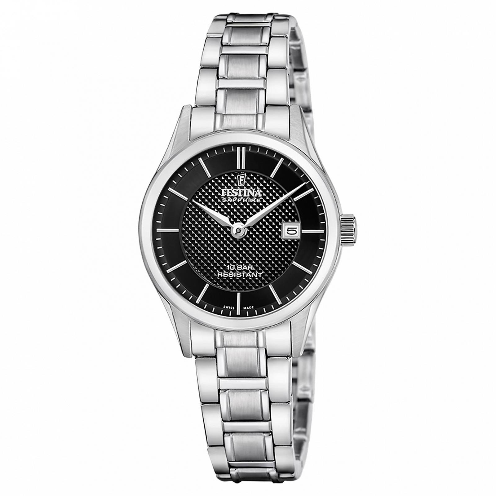 Женские часы Festina Acero Clasico F20068/6, серебристый корпус из нержавеющей стали, серебристый браслет из нержавеющей стали, черный циферблат, фото №1 Женские часы Festina Acero Clasico F20068/6, серебристый корпус из нержавеющей стали, серебристый браслет из нержавеющей стали, черный циферблат, фото №1