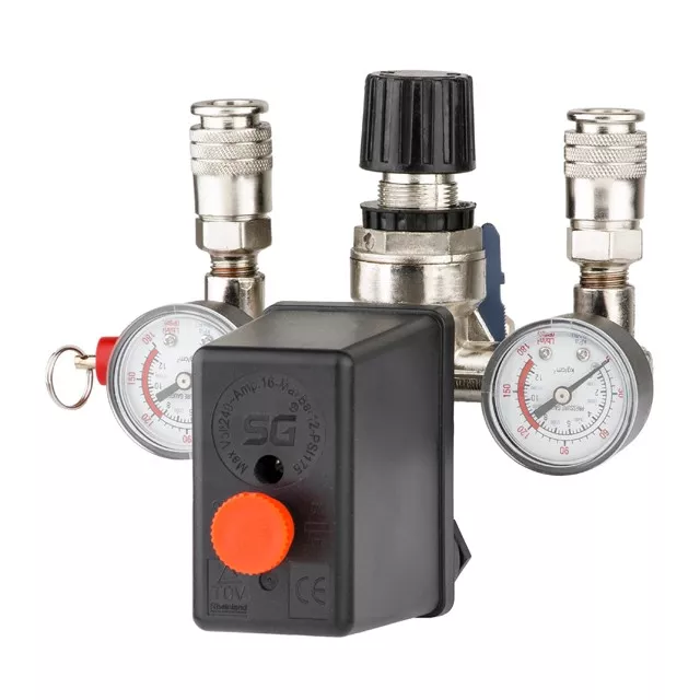 Прессостат 220В в сборе редуктор 2 манометра предохранительный клапан два выхода INTERTOOL PT-9094, фото №2