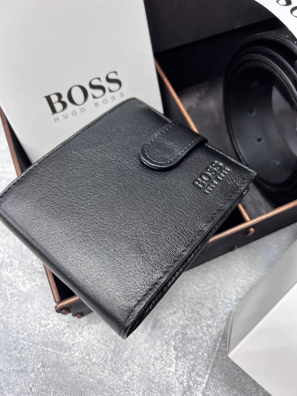 Чоловічий брендовий набір шкіряний ремінь і гаманець BOSS, фото №3