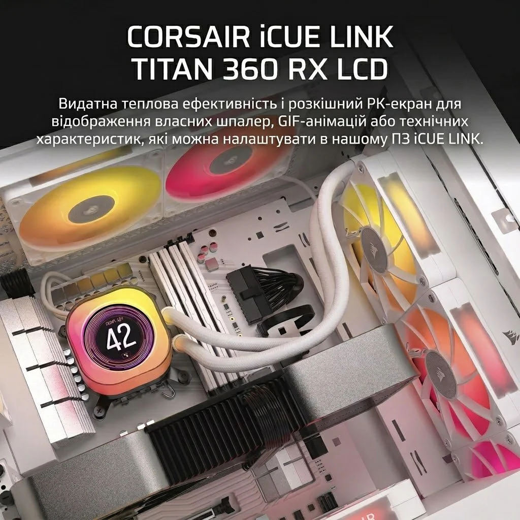 Система рідинного охолодження Corsair iCUE LINK Titan 360 RX LCD / 360 мм / 2.1" IPS LCD / 3 x 120 мм RX120 RGB / LGA 1851, 1700, AM5, AM4 / Black, фото №3