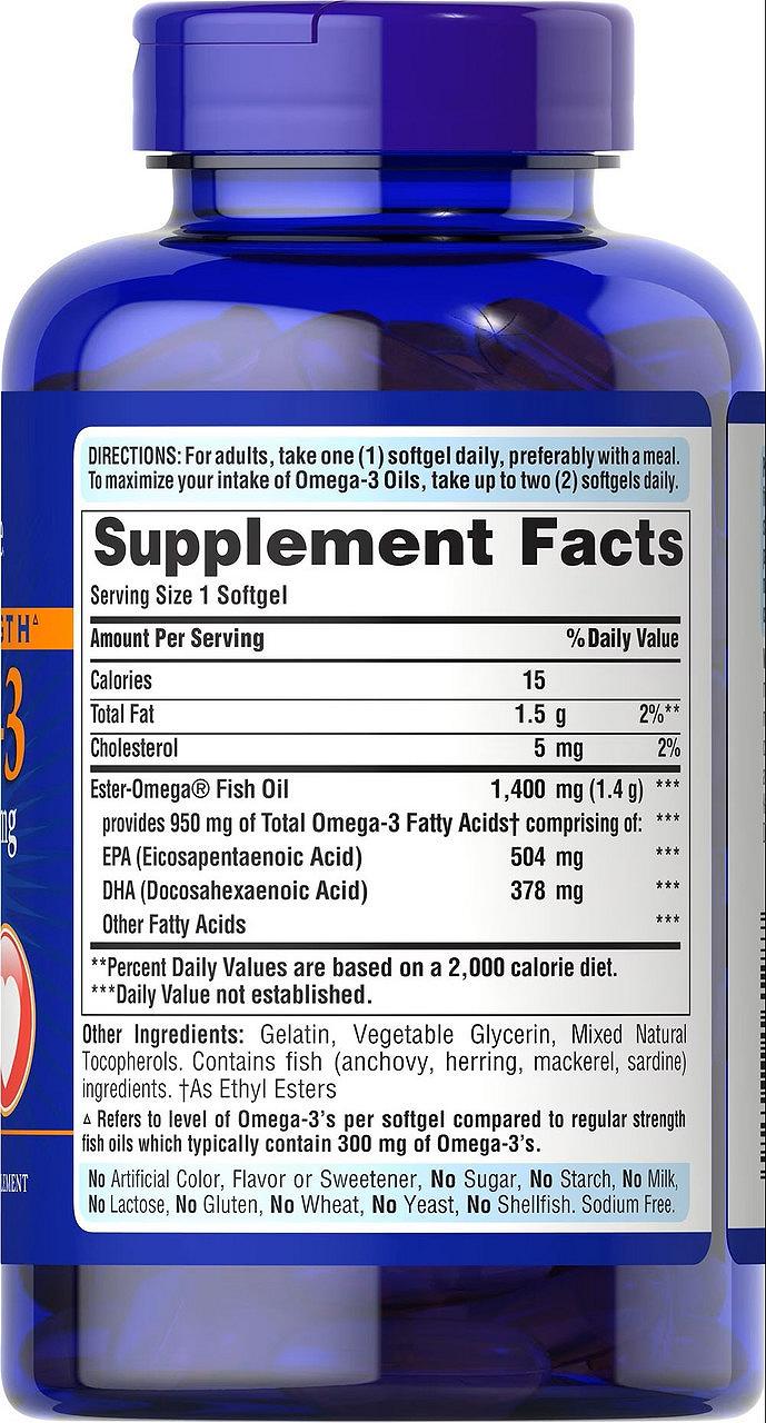 Омега-3 Puritan's Pride Omega-3 Fish Oil Triple Strength 1400 mg 90 Softgels, фото №2