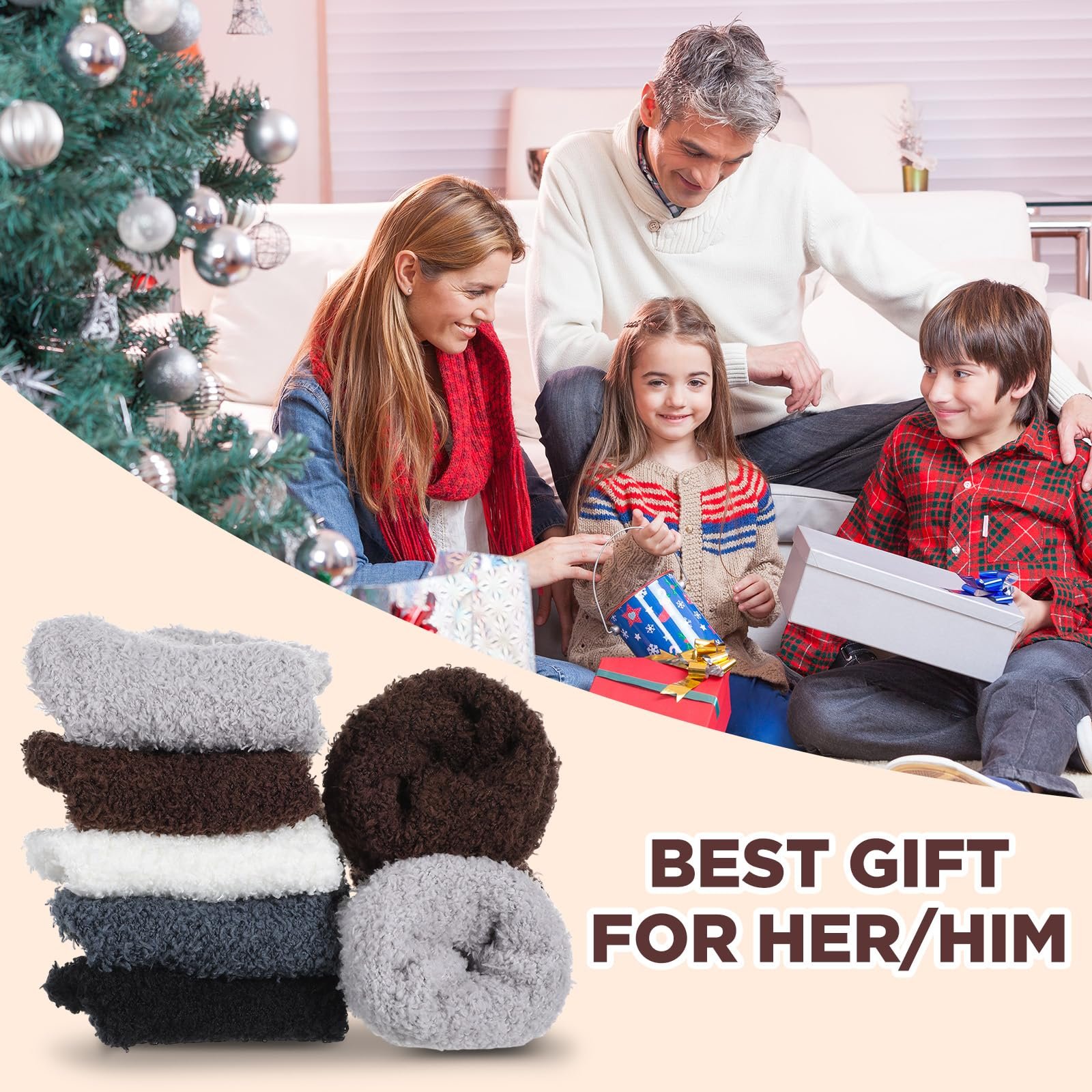 Носки Женские Пушистые 5 пар Цвет: белый, светло-серый, черный, темно-серый, коричневый, фото №6