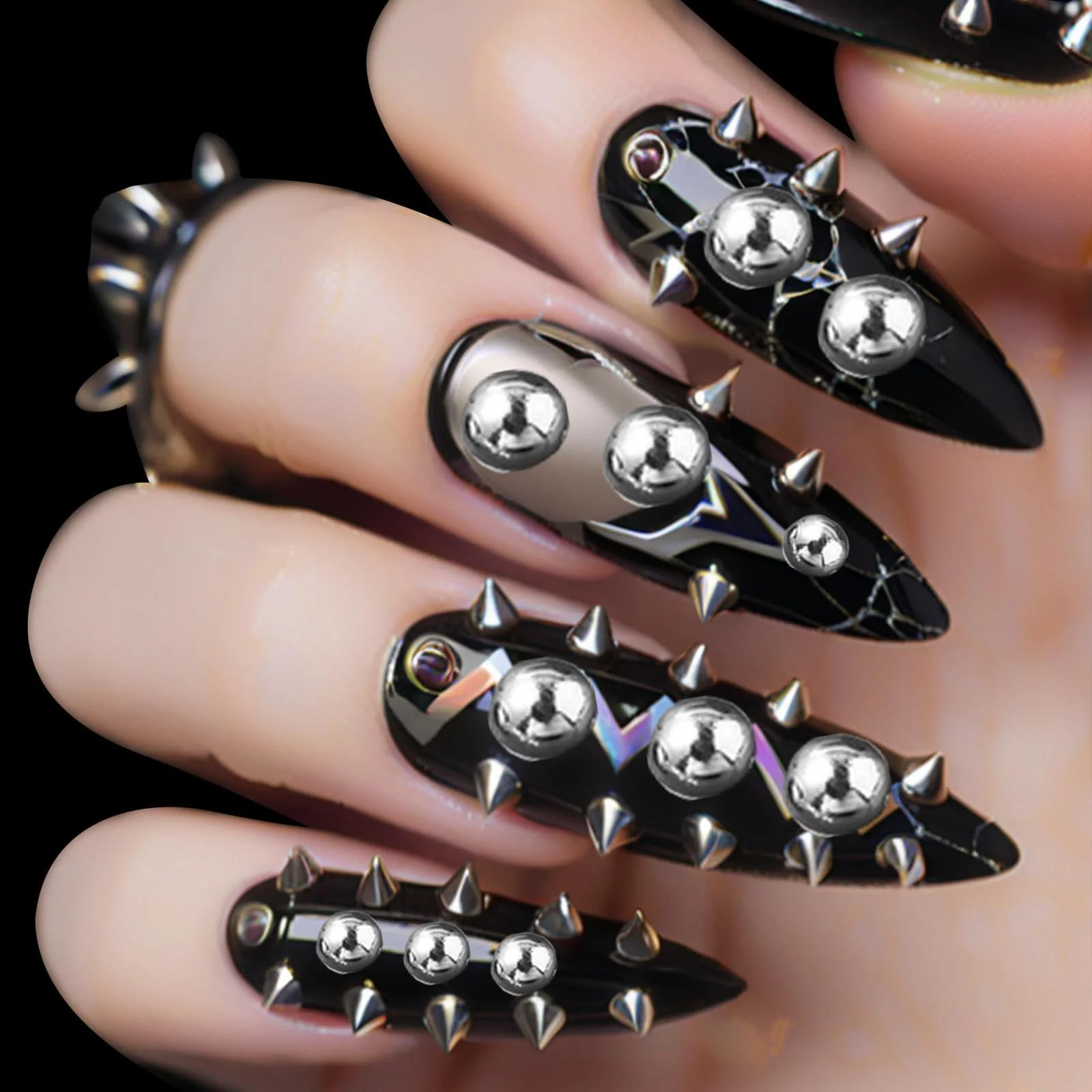 3D Металеві панк прикраси для нігтів, конуси, шипи, кульки, 2 коробки, фото №6