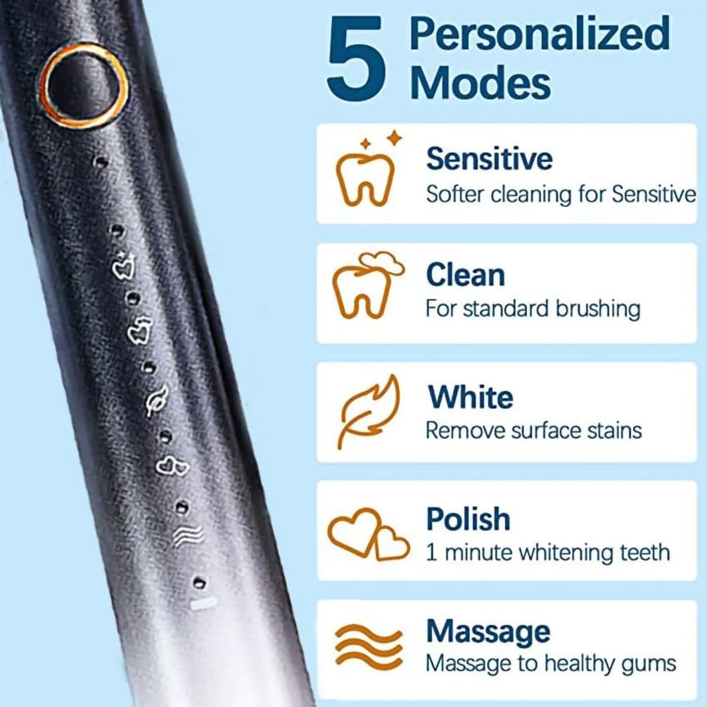 Електрична звукова зубна щітка для дорослих 40 000 VPM з 5 насадками та зарядною станцією 5 режимів, фото №2
