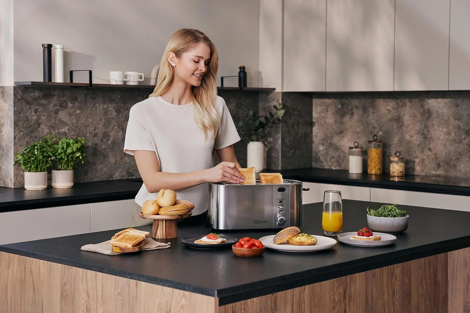 Тостер ZEEGMA TOSTEE CHEF 4 скибочки Нержавіюча сталь 1500 Вт Розморожування Підігрів Зупинка Відсік для крихт Світлодіодний таймер 6 рівнів, фото №9