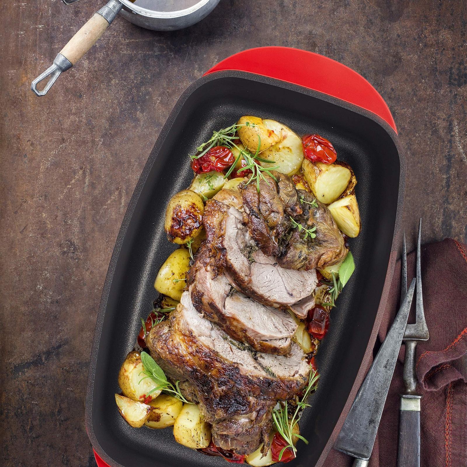 Гусятница Relaxdays с крышкой антипригарное покрытие литой алюминий и стекло красная 15 x 39.5 x 22.5 см, фото №5