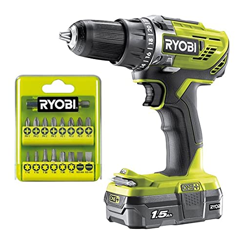 Набір Ryobi R18DD3-115GA17 Бездротовий Шурупокрут 18V ONE+ Система з Зарядним Пристроєм, Акумулятором 1.5Ah та Набором Бітів Комплект 5133004795, фото №1