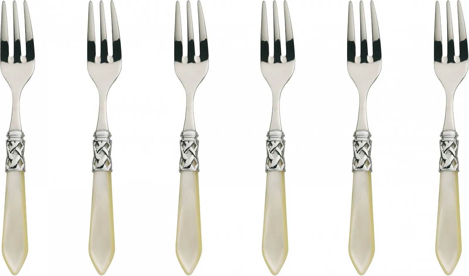 Набір виделок для торта Bugatti Aladdin 6 предметів, сталь/ABS, колір слонової кістки, фото №1 Набір виделок для торта Bugatti Aladdin 6 предметів, сталь/ABS, колір слонової кістки, фото №1