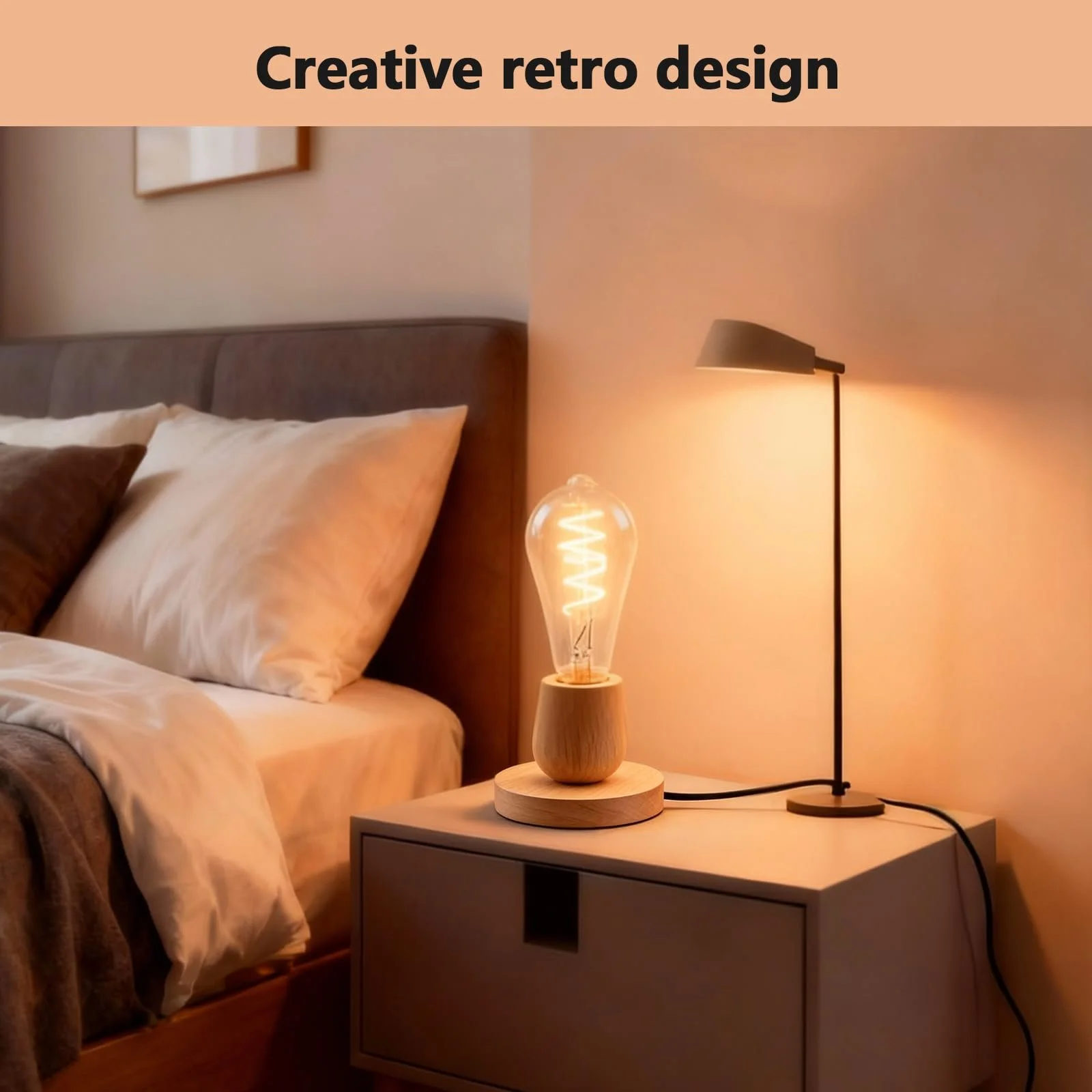 Настільна лампа дерев'яна E27 з кабельним вимикачем ретро (без лампочки), фото №3