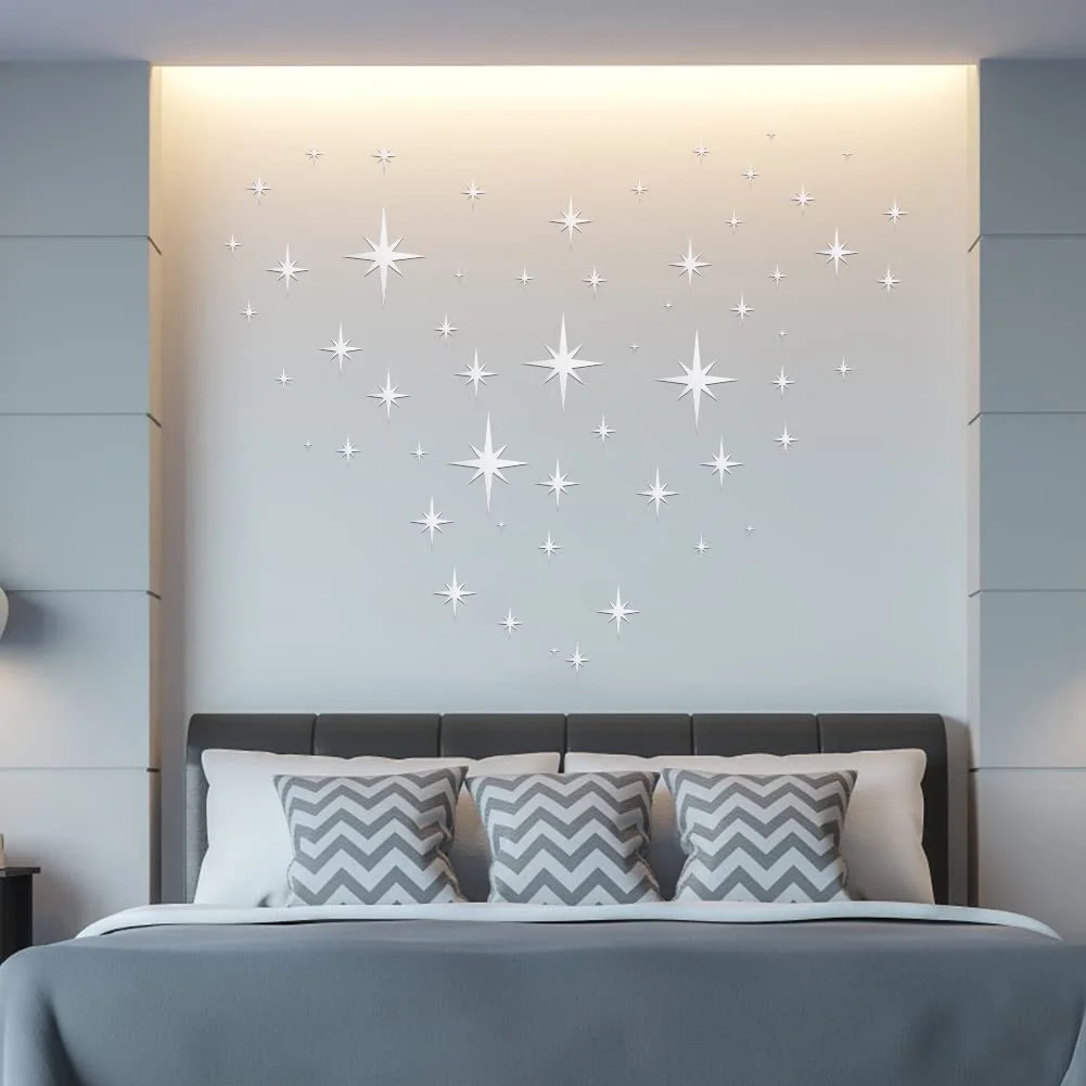 Наклейка на стену зеркальная Stars 82 шт. 3D самоклеящаяся серебристая, фото №7