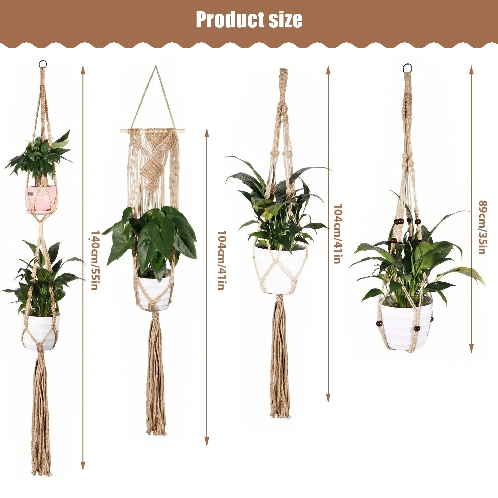 Підвісні кошики макраме Набір із 4 штук Бавовняна мотузка з гачками Коричневий, фото №7